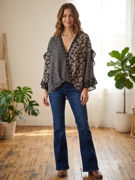 Umgee Tops - Umgee Black and Taupe Floral Mixed-Print Wrap Blouse. EUC